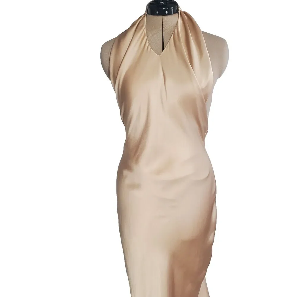 Show Me Your Mumu Women’s Maxi Dress Medium Champagne Luxe Satin Halter Backless - Picture 2 of 11